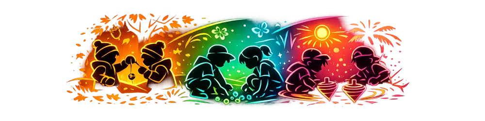 Neon illustration of children playing traditional games: conkers on strings, marbles and spinning tops